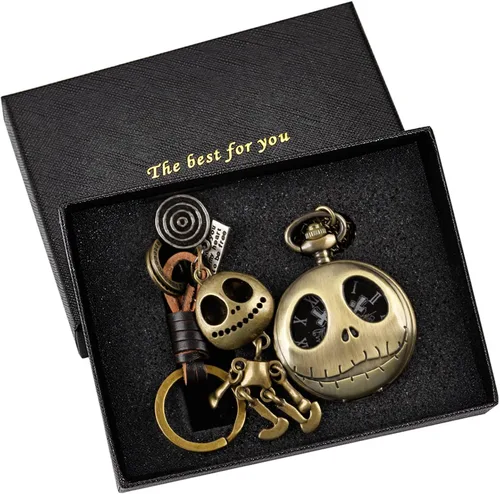 Miniatura 2 de Realpoo Reloj de bolsillo de Tim Burton's Nightmare Before Christmas con números arábigos, cadena de reloj de bolsillo de cuarzo para hombres