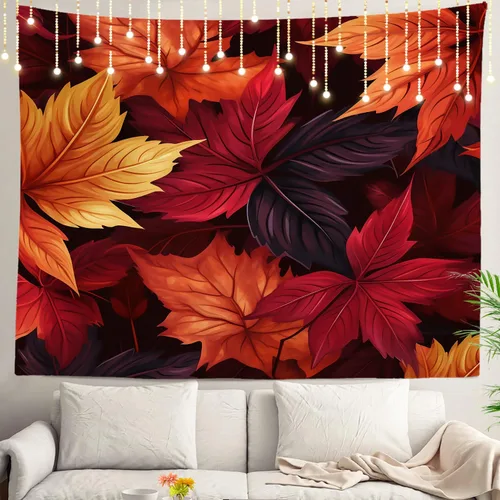 Shrahala Tapiz de pared de hojas de arce otoñal, hojas rojas sin costuras sobre negro para colgar en la pared, tapiz grande decorativo de fibra de