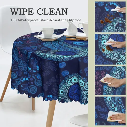 Miniatura 4 de Manteles redondos con estampado de pulpo azul de 60 pulgadas, impermeables, lavables, decoración de cocina, para mesa de comedor, cocina, mesa