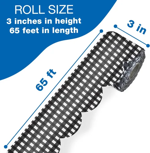 Miniatura 2 de Carson Dellosa Farmhouse 65 pies de bordes de tablaroca de gingham negro y blanco para tablón de anuncios, 1 rollo de borde festoneado para pizarra