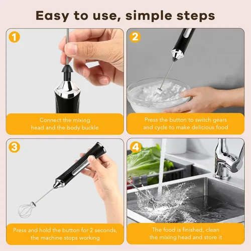 Miniatura 4 de Espumador de leche recargable de mano con soporte espumador de varita, mezclador de mano ajustable de 3 velocidades con 2 batidores de acero