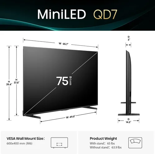 Miniatura 3 de Hisense 75" QD7 Mini-LED 4K Smart Fire TV - QLED, 144Hz, HDR10+, Dolby Vision/Atmos, modo de juego Pro, Alexa incorporado (75QD7QF)
