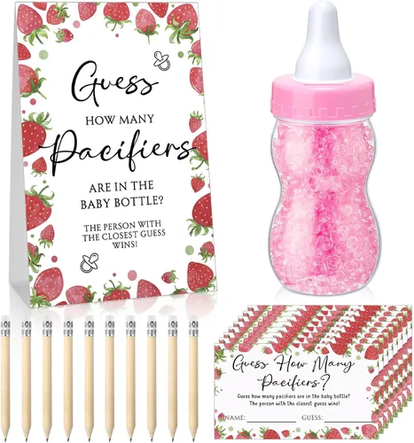 Miniatura 25 de Roowest 512 piezas de juegos de baby shower Adivina cuántos chupetes letrero, 100 pequeños juegos de adivinanzas, 10 lápices HB, botella de leche