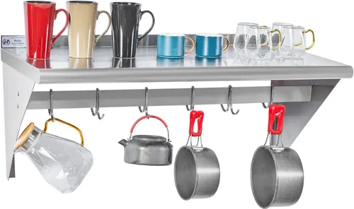 Miniatura 9 de Hally Estante de Acero Inoxidable con 6 Ganchos 12" x 36" Estante para Ollas Montado en Pared, Estantería Flotante Comercial NSF para Almacenamiento