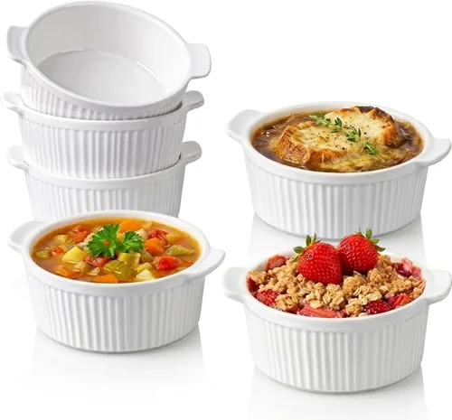 Delling Ramequines con asa, paquete de 6 cuencos de sopa para sopa de cebolla francesa, pastel de olla, pasteles de lava, crema brulee, plato de