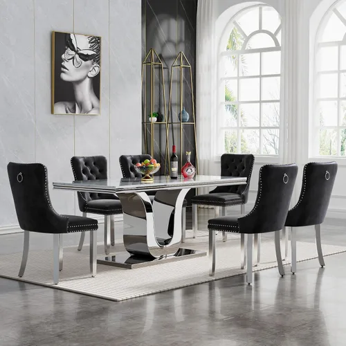 Miniatura 27 de Juego de mesa de comedor de mármol de lujo de 70 pulgadas para 4, juegos de mesa de cocina blanco y dorado para 4, mesa de comedor moderna de mármol