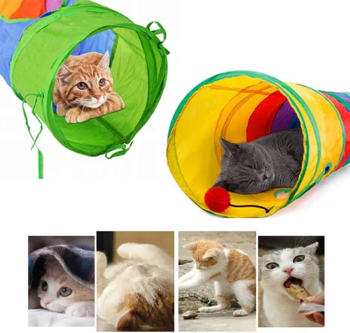 Miniatura 7 de Andiker Túnel para gatos de interior, tubo plegable de arco iris de 45 pulgadas de largo con una divertida bola y 2 agujeros, túnel de conejo
