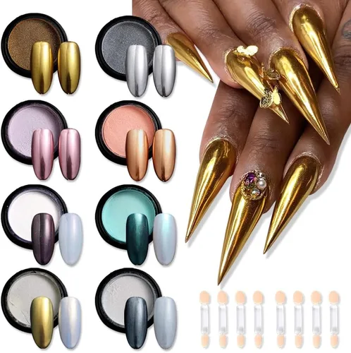 Miniatura 27 de Polvo de uñas cromado, efecto espejo, polvo metálico, 6 colores, bronce, marrón, negro, oro rosa, holográfico, purpurina cromada, pigmento en polvo