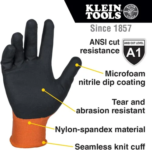 Miniatura 2 de Klein Tools 60582 Guantes de Trabajo, Guantes de Punto Sumergidos Resistentes a Cortes ANSI A1 con Revestimiento de Nitrilo, Nylon-Spandex