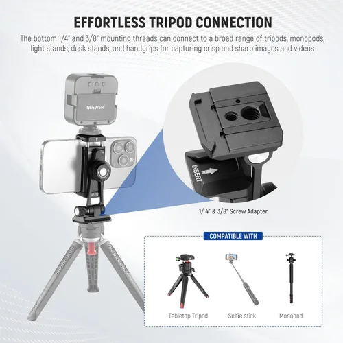 Miniatura 7 de Adaptador de montaje de trípode para teléfono Neewer con base tipo Arca QR, zapata fría, agujeros de 1/4" y 3/8", giro de 360° y inclinación
