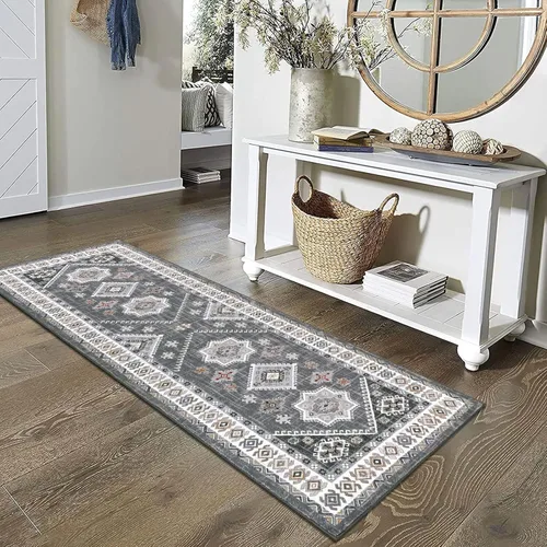 Miniatura 7 de HEBE - Alfombra de pasillo de 2 x 6 pies, antideslizante, lavable, estilo bohemio, para pasillo, alfombra vintage para cocina, entrada, baño, Gris