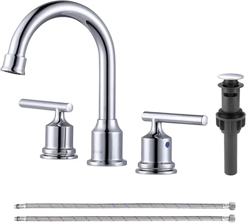 Miniatura 7 de WOWOW Grifo de baño de 2 manijas de bronce aceitado grifo de lavabo de baño de 3 agujeros con drenaje emergente y mangueras de suministro grifo