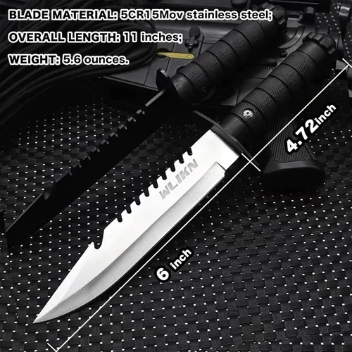 Miniatura 3 de Cuchillo Wlikn de hoja fija con vaina, cuchillo Bowie de supervivencia de 5 pulgadas con filo de un solo lado, mango antideslizante, para camping