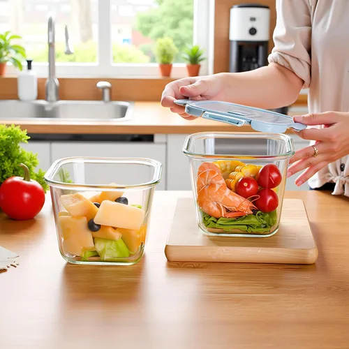 Miniatura 4 de H.JSS WDJS Recipiente cuadrado de vidrio para almacenar alimentos de 4 tazas con tapas, recipiente cuadrado de vidrio para sopa con tapas
