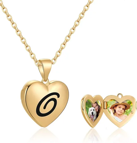 IEFWELL - Collares con medallón de letra inicial para fotos, chapado en oro de 14 quilates, para mujeres y niñas