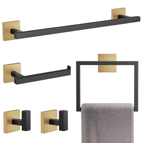 YACVCL Juego de Barra de Toallas, Juego de 5 Piezas de Accesorios de Baño Negro y Dorado, Juego de Accesorios de Baño Negro y Dorado, Soporte de