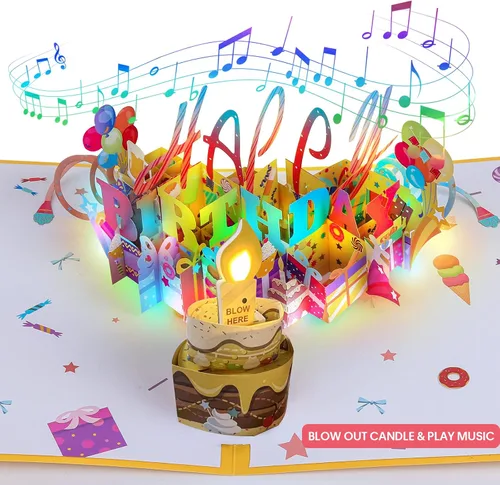 Miniatura 9 de Tarjeta de Cumpleaños Musical 3D, Vela de Luz LED Soplable, Tarjetas de 3D de Cumpleaños Emergentes con Números DIY 0-9, Vela de Luz LED Soplable