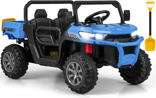 OLAKIDS Coche Montable de 2 Asientos, Vehículo Eléctrico UTV Todoterreno de 12V con Control Remoto, Cama Basculante, Pala Extra, Música, USB, AUX,