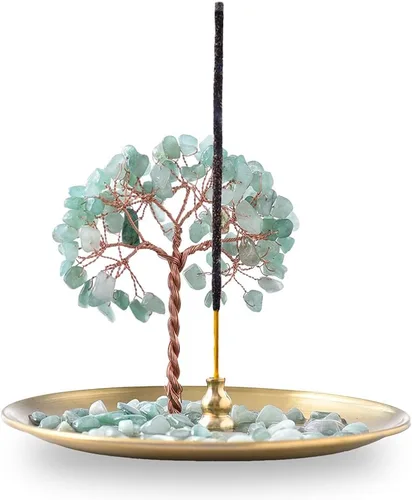 Soporte para incienso para palos, quemador de incienso de piedra de cristal curativo Árbol del Dinero, recogedor de cenizas para yoga, meditación y
