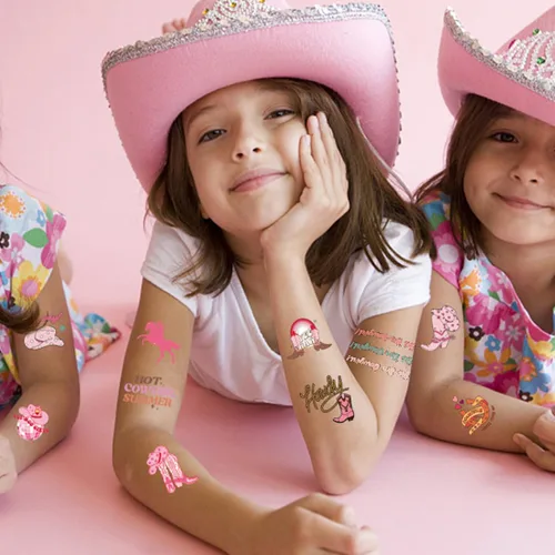 Miniatura 3 de CHARLENT Tatuajes temporales de vaquera para niños, suministros de fiesta, tatuajes temporales de vaquera occidental para niñas, regalos de fiesta