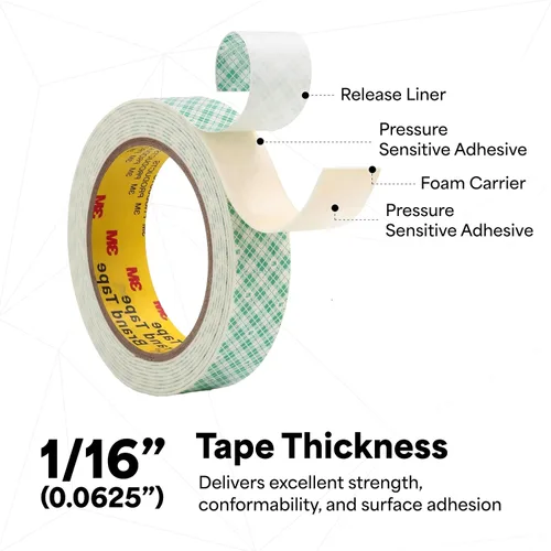 Miniatura 3 de 3M 4026 Cinta adhesiva de espuma de uretano con doble revestimiento, para unión, fijación, montaje, color blanco, 0.75 pulgadas x 5 yardas, 1 rollo