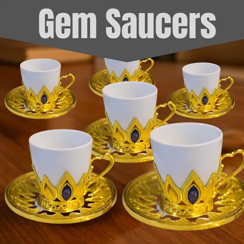 Miniatura 10 de Chandler Juego de tazas de café de porcelana blanca con acento acrílico dorado y gema azul, 6 tazas y 6 platillos, caja de regalo incluida (redonda)