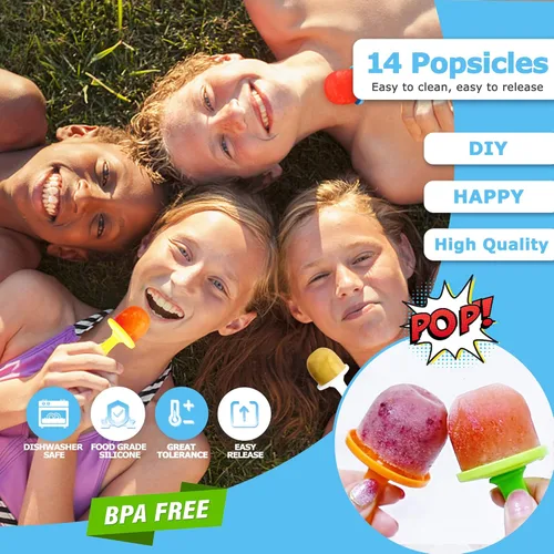Miniatura 2 de Moldes de silicona para paletas de 14 cavidades, 2 moldes para paletas de hielo con palos de colores para morder huevos, moldes de helado