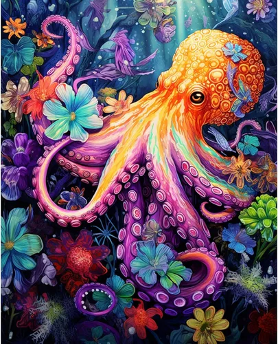 Tucocoo Pintura de pulpo por números para adultos, niños y principiantes, kit de regalo de pintura al óleo para adultos, kits de pintura por números