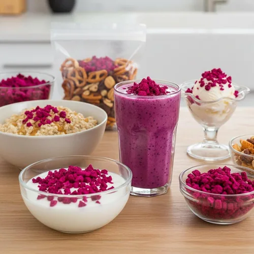 Miniatura 9 de Cubos de fruta del dragón liofilizada – 120g (4.23oz) 100% Trozos de fruta del dragón roja (Pitaya), fruta deshidratada crujiente para batidos
