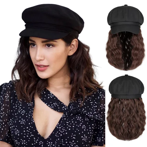 Qlenkay Newsboy - Gorra con peluca de pelo Bob, color marrón oscuro, 14 pulgadas | Black Hat for Woman, Non-removable, Short Curly Wavy Hairpiece,