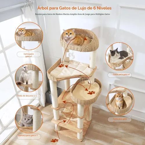 Miniatura 4 de Árbol de madera para gatos de interior, torre para gatos de 62 pulgadas de alto con poste rascador para gatos grandes, condominio para gatos