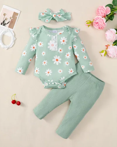 Miniatura 117 de Renotemy Conjunto de ropa para bebé recién nacida, mameluco con volantes, pantalones florales, lindo conjunto de ropa para bebé niña