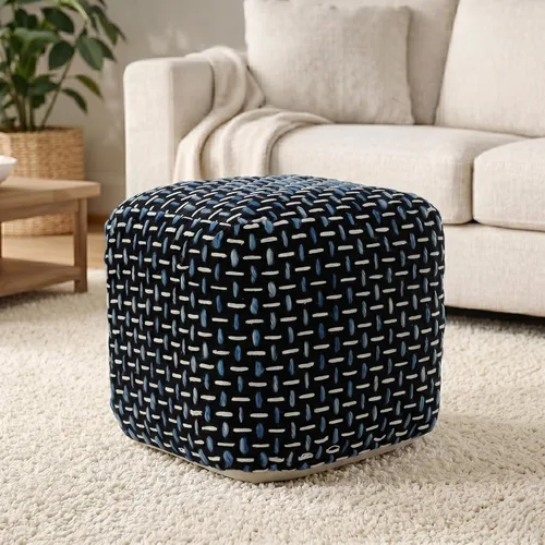 L. R. Resources, Inc. LR Home - Puf cuadrangular de algodón geométrico tejido a mano negro/blanco/azul para decoración del hogar | Reposapiés