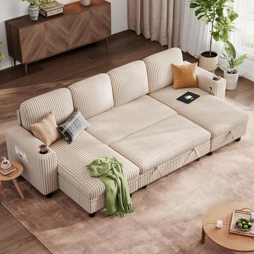 LINSY HOME - Sofá cama extraíble modular con sección para dormir, con almacenamiento, sofá seccional de pana mullida para sala de estar, sofá cama