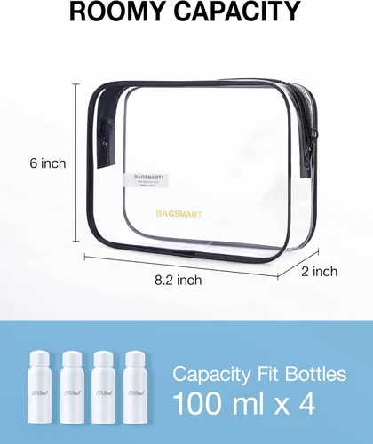 Miniatura 2 de BAGSMART Paquete de 7 bolsas de aseo transparentes con juego de botellas de viaje recargables, bolsa de aseo de viaje aprobada por la TSA, repelente