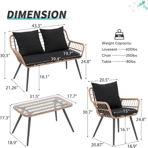 Miniatura 5 de Verano Garden Juego de muebles de patio de 4 piezas, juego de conversación de mimbre al aire libre para porche y terraza, sofá biplaza bohemio y 2