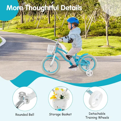 Miniatura 5 de HONEY JOY Bicicleta para niños de 12, 14, 16, 18, 20 pulgadas, con ruedas de entrenamiento, freno de mano y freno de posavasos, cadena totalmente