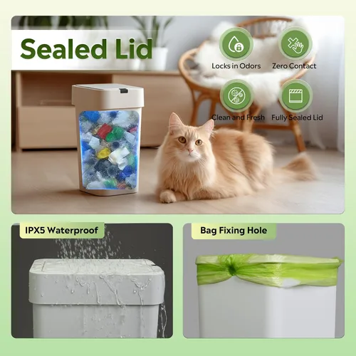 Miniatura 6 de WLIVE Cubo de basura pequeño para baño, 9 litros/2.4 galones, con sensor de movimiento, IPX5, impermeable, sin contacto, para baño, oficina, Blanco
