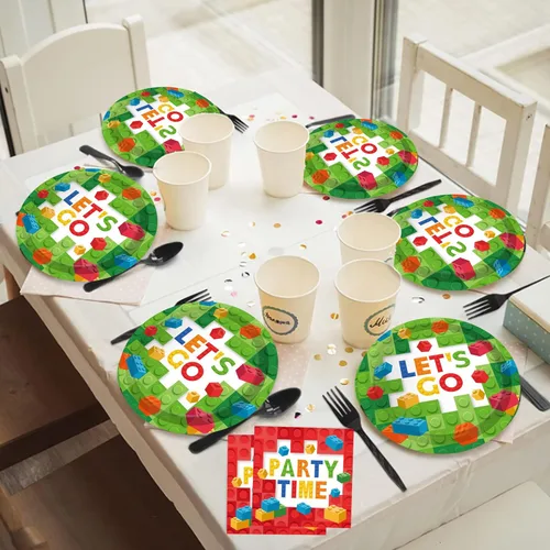Miniatura 5 de OXYLIPO Bloques de construcción de 9 pulgadas, platos de papel para celebrar fiestas, vajilla redonda desechable, juego de platos de papel