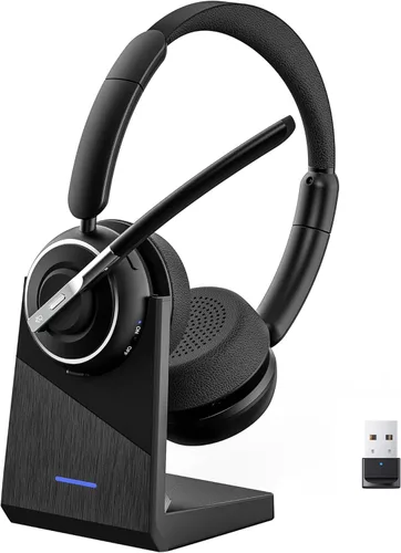 (2025 Actualizado) Auriculares Inalámbricos con Micrófono para Trabajo, Auriculares Bluetooth con Micrófono de Cancelación de Ruido con Dongle, Base