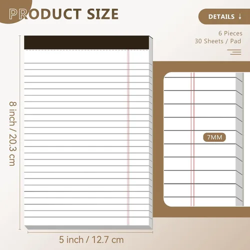 Miniatura 2 de Nichela Blocs de Notas de 5" x 8" Paquete de 6 Blocs Legales de Rayas Estrechas con Perforaciones 30 Hojas Blocs Pequeños para Escribir Papel