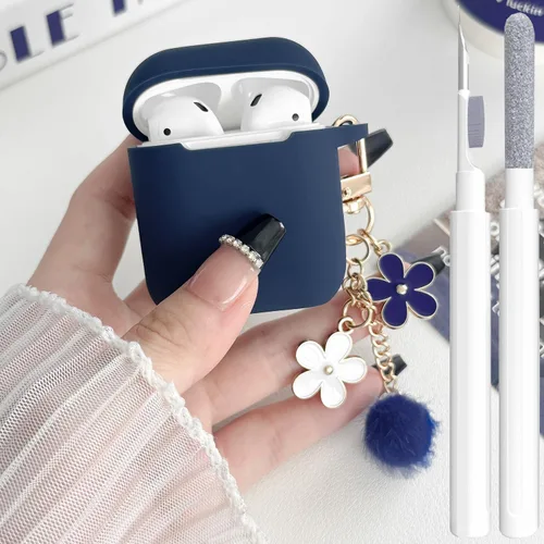 Miniatura 17 de Bonita funda negra para Airpods de 2ª/1ª generación para niñas y mujeres, con llavero de pompón de flores y kit de limpieza, funda protectora tipo