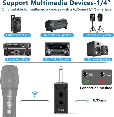 Miniatura 6 de Bietrun Receptor de micrófono inalámbrico UHF WXM02/WXM04, batería recargable de 720 mAh, rango de 160 pies, salida de 1/4 pulgadas para karaoke