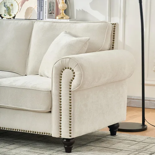Miniatura 8 de Juego de sofá moderno y sofá biplaza Chesterfield de chenilla de lujo, cómodo sofá tapizado con asiento profundo con reposabrazos enrollados y Beige