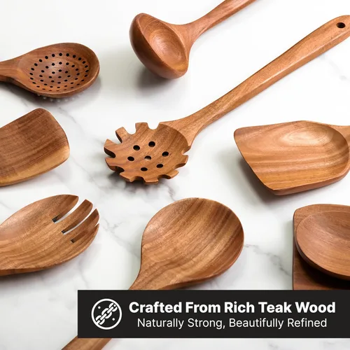 Miniatura 8 de Juego de utensilios de cocina de madera, 9 piezas, cucharas de cocina de madera de teca, resistentes al calor, antiarañazos, herramientas de cocina