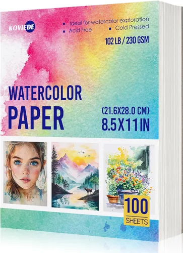 KOVIEDE 100 hojas de papel de acuarela de 8.5 x 11 pulgadas, 102 libras/230 GSM, papel de práctica de prensa en frío para estudiantes y