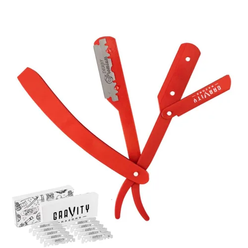 GRAVITY RAZORS Kit profesional de maquinilla de afeitar recta, exposición mínima, incluye 10 cuchillas premium, 0.020 in expuestas, rojo