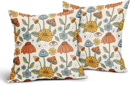 Miniatura 2 de Juego de 2 fundas de almohada retro bohemias, florales, amarillas y naranjas, de 16 x 16 pulgadas, estilo vintage de los años 70, con bonitos hongos
