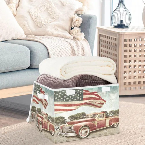 Miniatura 3 de CaTaKu Grandes Canastas de Almacenamiento de Tela con Tapas, Cajas de Almacenamiento Rojas con Bandera Americana de Camiones con Asas para Organizar