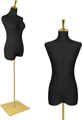 Torso de maniquí femenino, 53-73 pulgadas de altura ajustable, maniquí para mujer con soporte de metal dorado, para coser y exhibir color negro